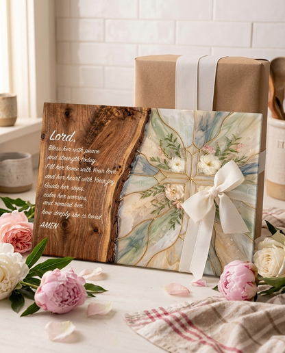 Christian Wood & Resin Floral Cross Cutting Board