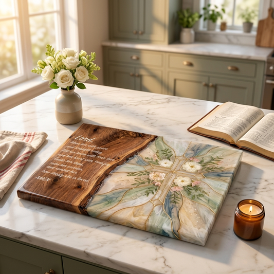 Christian Wood & Resin Floral Cross Cutting Board